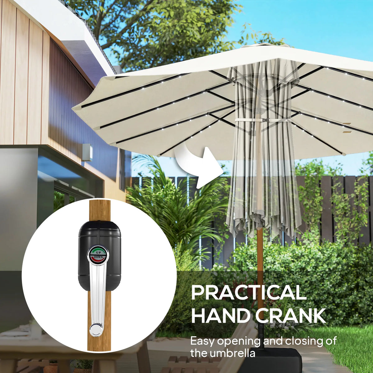 Outsunny Double Sided Garden Parasol with Base Included & 48 Solar LED Lights Patio Umbrella Crank Handle 4.6m Cream White