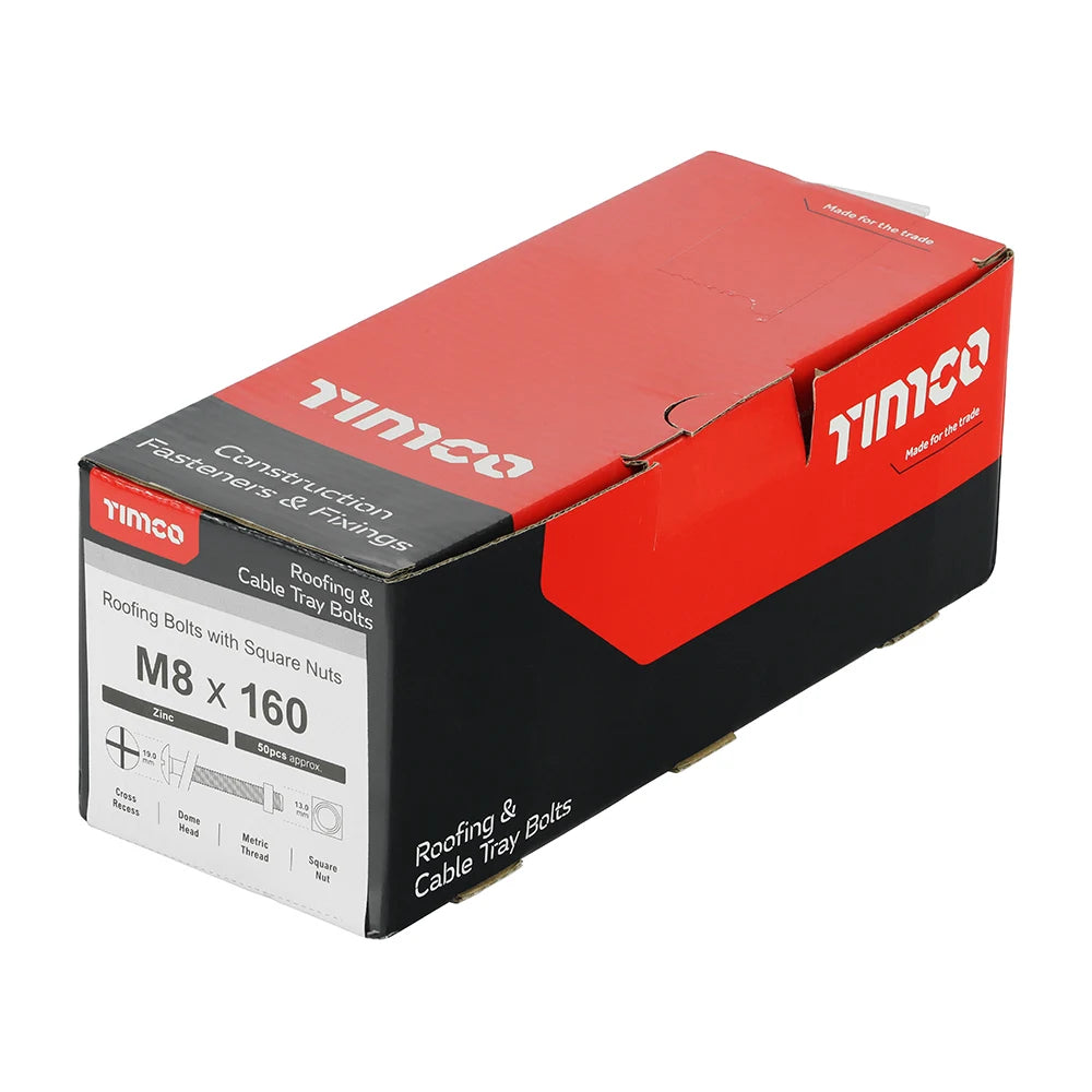 50 x TIMCO Roofing Bolts & Square Nuts Silver - M8 x 160
