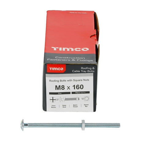 50 x TIMCO Roofing Bolts & Square Nuts Silver - M8 x 160