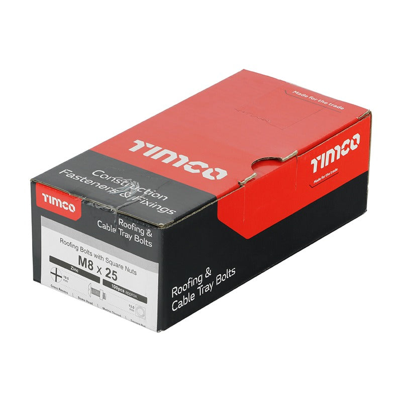 100 x TIMCO Roofing Bolts & Square Nuts Silver - M8 x 25