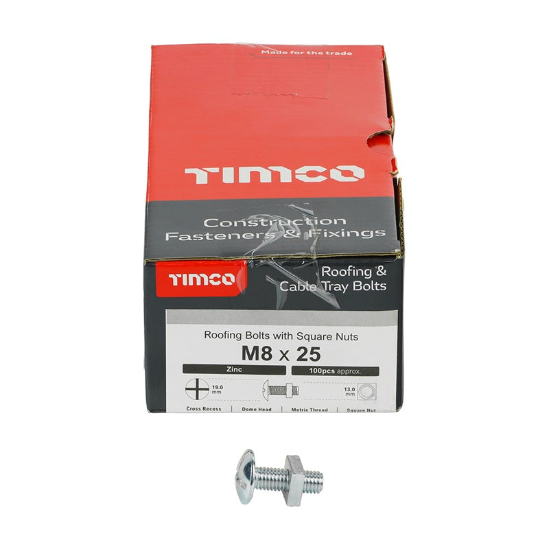 100 x TIMCO Roofing Bolts & Square Nuts Silver - M8 x 25