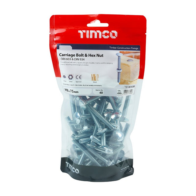 40 x TIMCO Carriage Bolts DIN603 & Hex Full Nut DIN934 Silver - M8 x 75