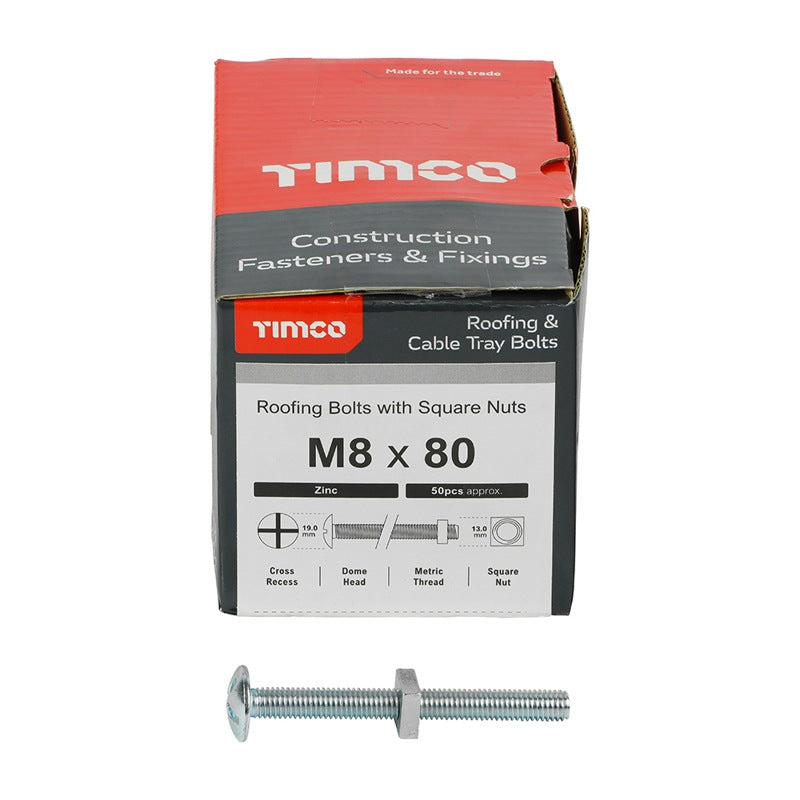 50 x TIMCO Roofing Bolts & Square Nuts Silver - M8 x 80