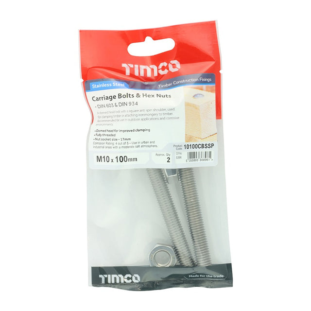 Pair of - TIMCO Carriage Bolts DIN603 & Hex Full Nut DIN934 A2 Stainless Steel - M10 x 100