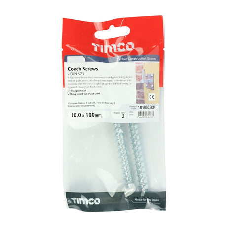 Pair of - TIMCO Coach Screws Hex Head Silver  - 10.0 x 100