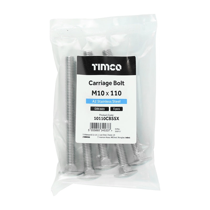 5 x TIMCO Carriage Bolts DIN603 A2 Stainless Steel - M10 x 110