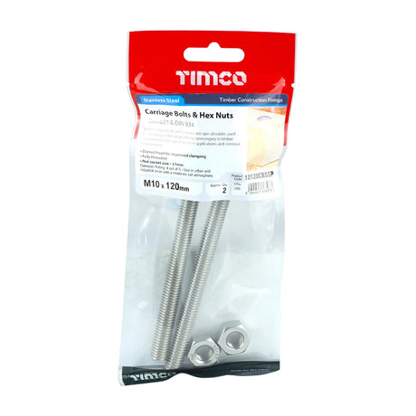 Pair of - TIMCO Carriage Bolts DIN603 & Hex Full Nut DIN934 A2 Stainless Steel - M10 x 120