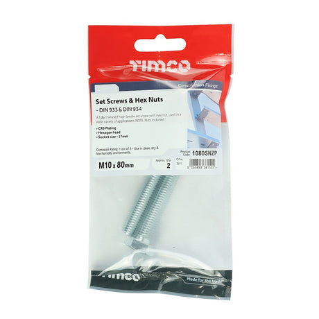 Pair of - TIMCO Set Screws DIN933 Grade 8.8 & Hex Nut DIN934 Silver - M10 x 80