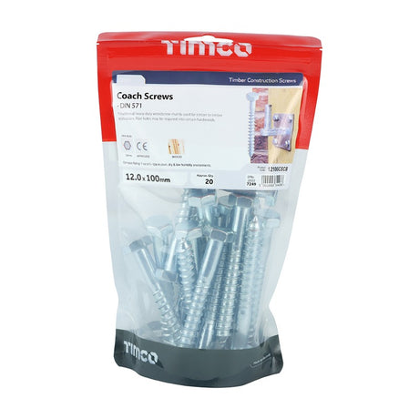 20 x TIMCO Coach Screws Hex Head Silver  - 12.0 x 100