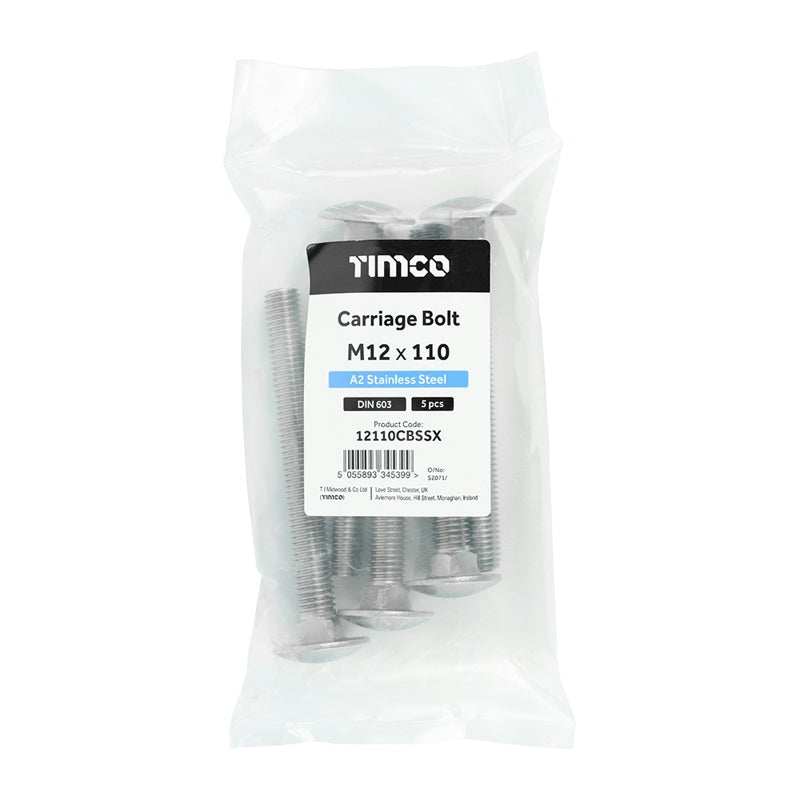 5 x TIMCO Carriage Bolts DIN603 A2 Stainless Steel - M12 x 110