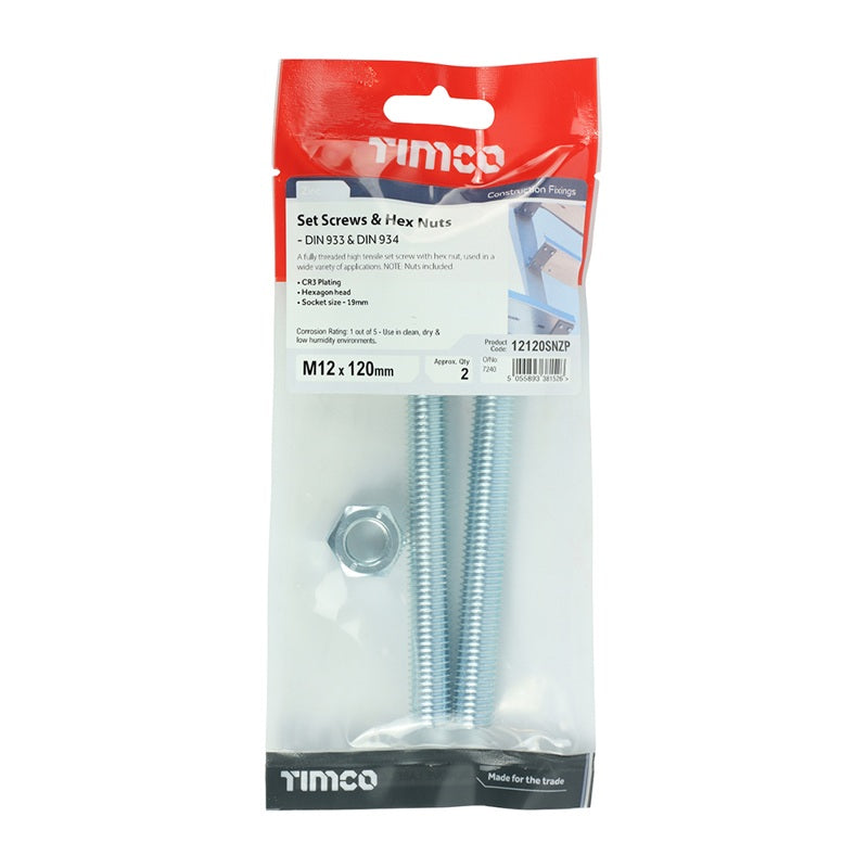 Pair of - TIMCO Set Screws DIN933 Grade 8.8 & Hex Nut DIN934 Silver - M12 x 120