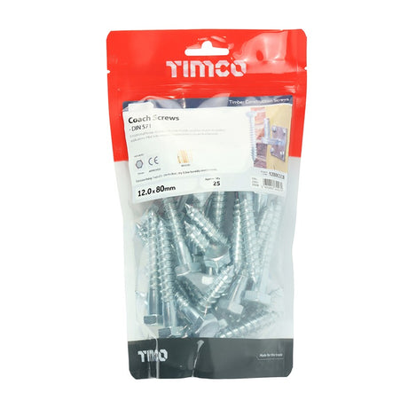 25 x TIMCO Coach Screws Hex Head Silver  - 12.0 x 80