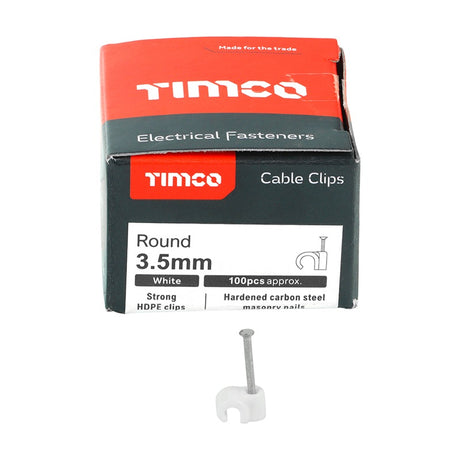 100 x TIMCO Round Cable Clips White - To fit 3.5mm