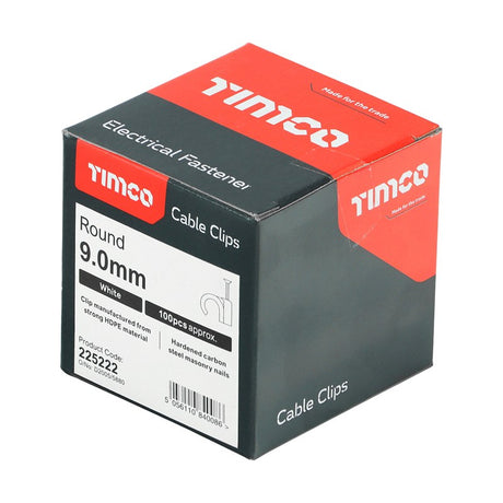 100 x TIMCO Round Cable Clips White - To fit 9.0mm