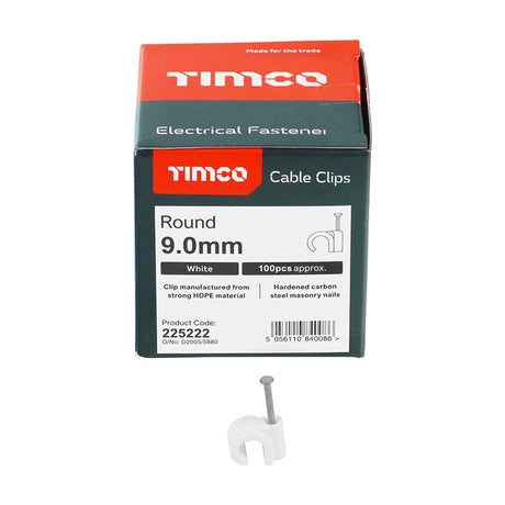 100 x TIMCO Round Cable Clips White - To fit 9.0mm