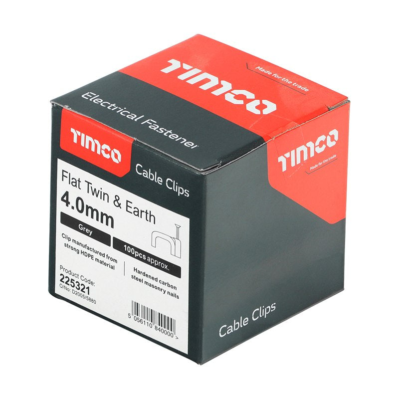 100 x TIMCO Flat & Twin Cable Clips Grey - To fit 4.0mm