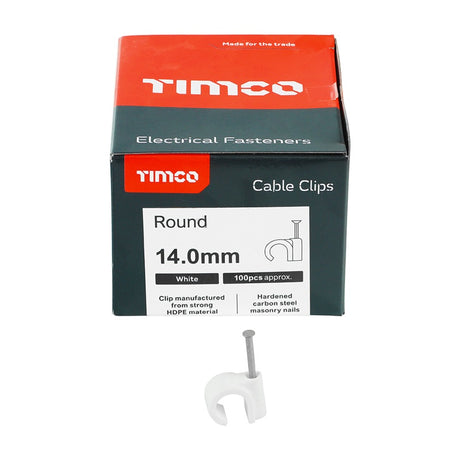 100 x TIMCO Round Cable Clips White - To fit 14.0mm