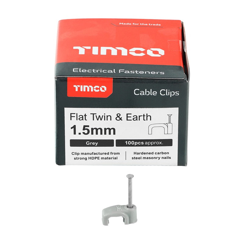 100 x TIMCO Flat & Twin Cable Clips Grey - To fit 1.5mm