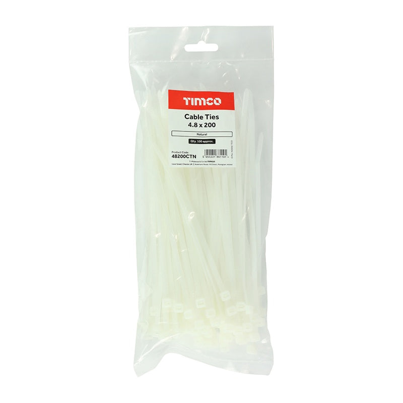 100 x TIMCO Cable Ties Natural - 4.8 x 200