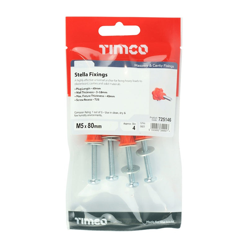 4 x TIMCO Stella-Fix Universal Cavity & Wall Anchors - M5 x 80