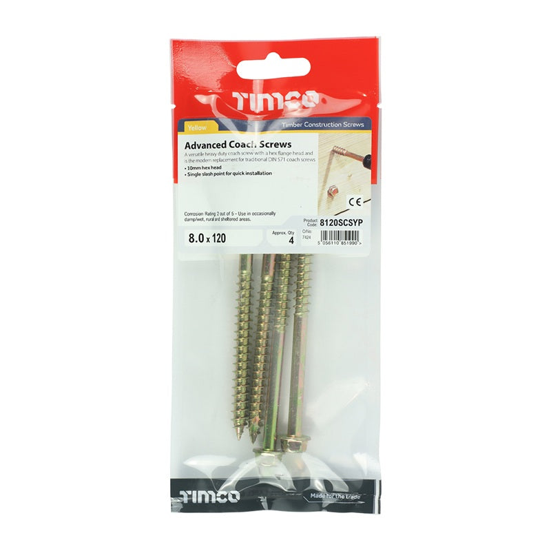 4 x TIMCO Solo Advanced Hex Head Gold Coach Woodscrews - 8.0 x 120