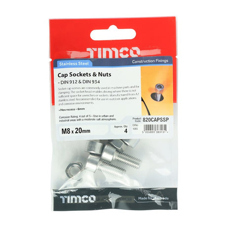 4 x TIMCO Cap Socket Screws DIN912 A2 Stainless Steel - M8 x 20