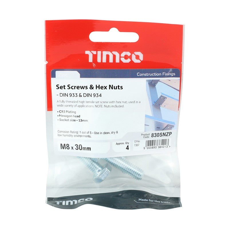 4 x TIMCO Set Screws DIN933 Grade 8.8 & Hex Nut DIN934 Silver - M8 x 30