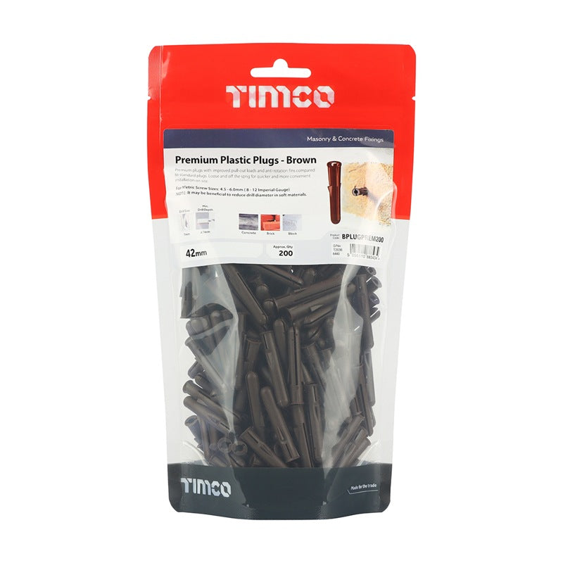 200 x TIMCO Brown Premium Plastic Plugs - 42mm