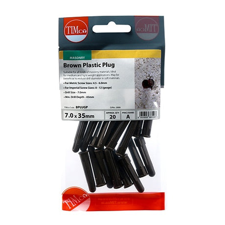 20 x TIMCO Brown Plastic Plugs - 36mm