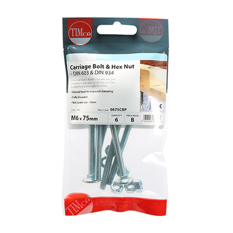 6 x TIMCO Carriage Bolts DIN603 & Hex Full Nut DIN934 Silver - M6 x 75