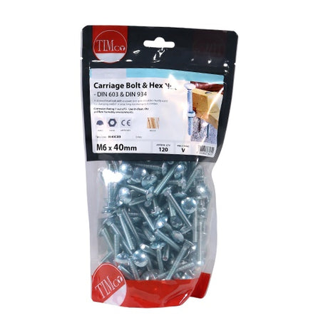 120 x TIMCO Carriage Bolts DIN603 & Hex Full Nut DIN934 Silver - M6 x 40