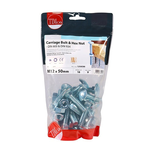 18 x TIMCO Carriage Bolts DIN603 & Hex Full Nut DIN934 Silver - M12 x 50