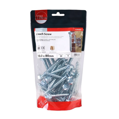 30 x TIMCO Coach Screws Hex Head Silver  - 10.0 x 80