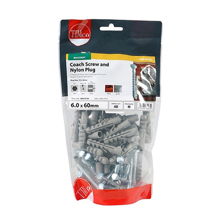 40 x TIMCO Coach Screws Hex Head Silver  - 6.0 x 60