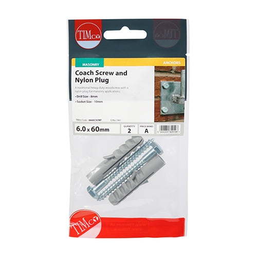 Pair of - TIMCO Coach Screw & Nylon Plugs Zinc - 6.0 x 60