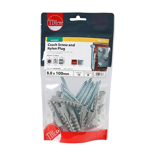 12 x TIMCO Coach Screws Hex Head Silver  - 8.0 x 100