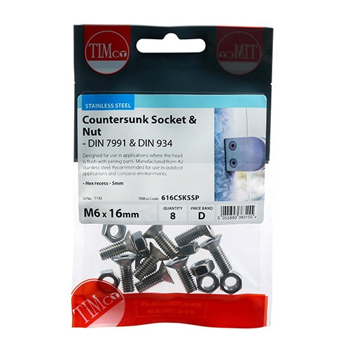 8 x TIMCO Countersunk Socket Screws DIN7991 A2 Stainless Steel - M6 x 16