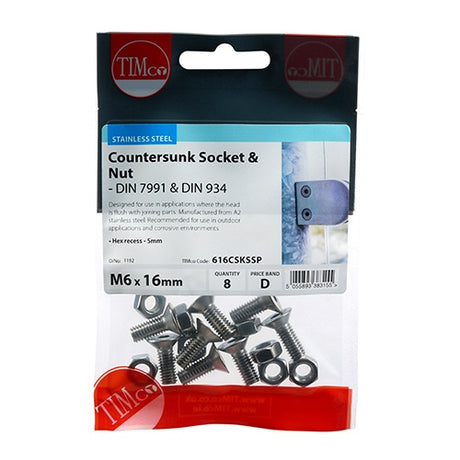 8 x TIMCO Countersunk Socket Screws DIN7991 A2 Stainless Steel - M6 x 16