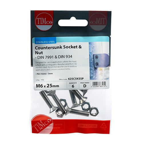 6 x TIMCO Countersunk Socket Screws DIN7991 A2 Stainless Steel - M6 x 25