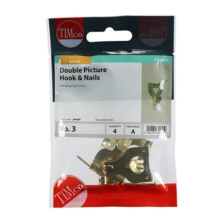 4 x TIMCO Picture Hanging Hooks Double Electro Brass - No.3 Double