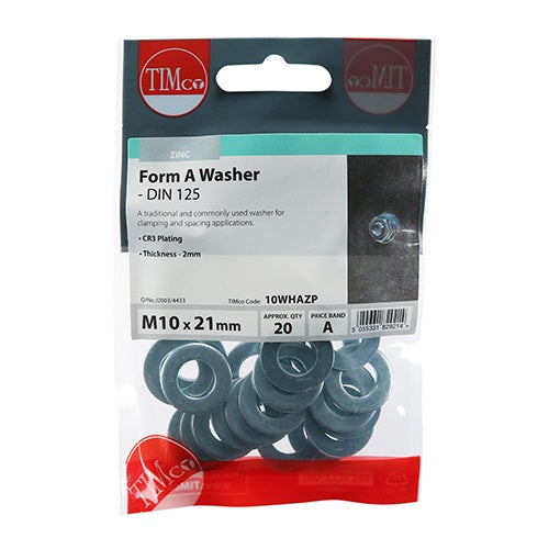 20 x TIMCO Form A Washers DIN125-A Silver - M10