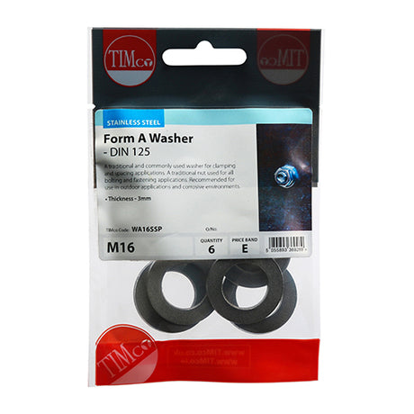 6 x TIMCO Form A Washers DIN125-A A2 Stainless Steel - M16