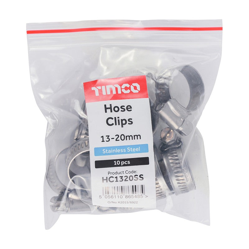 10 x TIMCO Hose Clips A2 Stainless Steel - 13-20mm