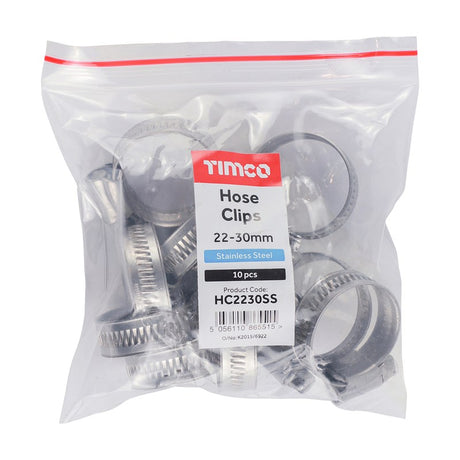 10 x TIMCO Hose Clips A2 Stainless Steel - 22-30mm