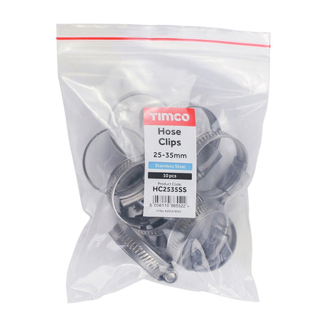 10 x TIMCO Hose Clips A2 Stainless Steel - 25-35mm