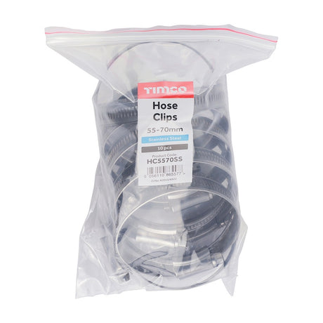 10 x TIMCO Hose Clips A2 Stainless Steel - 55-70mm