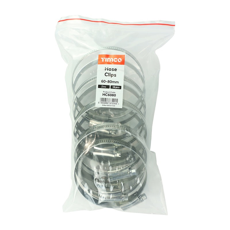 10 x TIMCO Hose Clips Silver - 60-80mm