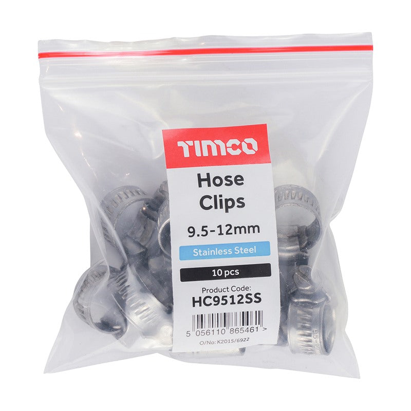 10 x TIMCO Hose Clips A2 Stainless Steel - 9.5-12mm