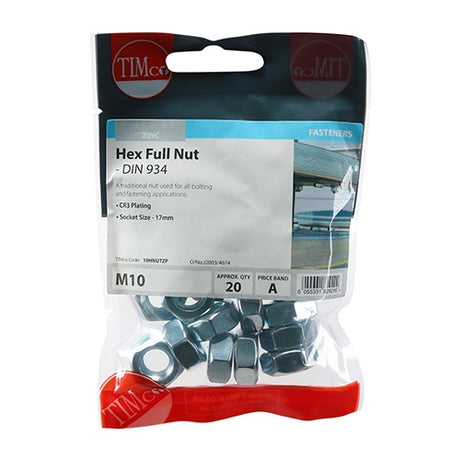 20 x TIMCO Hex Full Nuts DIN934 Silver - M10