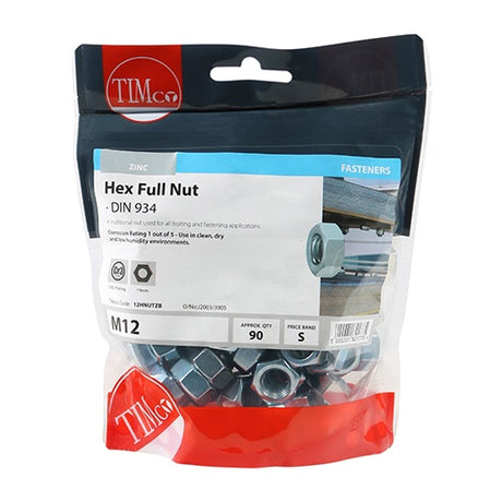 90 x TIMCO Hex Full Nuts DIN934 Silver - M12